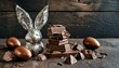 Ovos de páscoa de chocolate ( chocolate easter eggs ) e barras de chocolate. Grupo de ovos de chocolate sobre fundo de madeira.  Um coelho de chocolate na composição.
