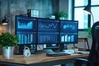 Modern trading workstation with multiple computer screens displaying graphs and global data