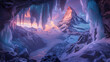Sun sets behind snowy mountain peaks, the sky glows with warm hues of pink and orange, contrasting with the icy blue tones of the caverns hanging icicles. AI.