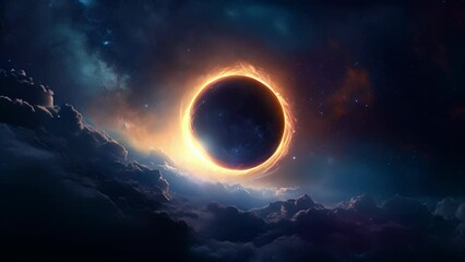 Wall Mural - The heavens seem to hold their breath as two celestial bodies align forming a perfect ring of darkness that slowly envelopes the glowing orb in the sky eclipsing its radiance.