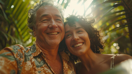 Canvas Print - Elderly couple taking a selfie outdoors in the park.