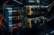 Detailed perspective of a fuse amidst the robust machinery and wires in an industrial workspace