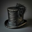 a black top hat with feathers