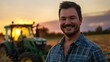 Portrait of a handsome young farmer standing in a shirt and smiling at the camera, on a tractor and nature background. Concept: bio ecology, clean environment, beautiful and healthy people, farmers.
