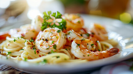 Wall Mural - A delicious plate of garlic butter shrimp scampi with pasta.