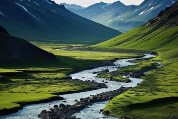 Sticker - landscape with lake and mountains.