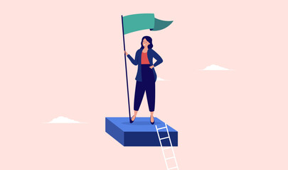 Wall Mural - Businesswoman success - Successful woman standing on top of career ladder with green flag. Business achievement, development on accomplishment concept in flat design vector illustration