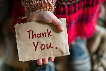 Hands of a child holding a card with thank you message. A close-up photograph of a child's hand holding a handwritten note that says 