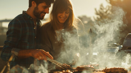 Sticker - A happy couple grilling meat outdoors.