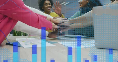 Canvas Print - Animation of data processing over diverse male and female colleagues hand stacking at casual meeting