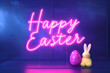 The inscription Happy Easter in neon letters on a purple background