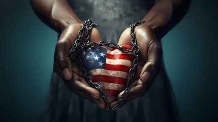 Freedom Day unity and Love and Juneteenth or June 19 as a holiday or June Teenth as hands in a heart shape commemorating the end of slavery as a Social justice concept or Emancipation