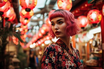 Wall Mural - a woman with pink hair in a floral dress