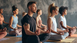 Fototapeta  - Grupo de jovens praticando yoga em um estúdio. Foco seletivo.