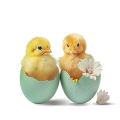 Wall Mural - two yellow chickens in eggshells isolated on transparent background. Easter concept