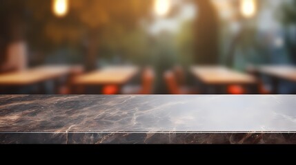 Wall Mural - Modern empty dark marble table top or kitchen island on blurry bokeh kitchen room interior background.