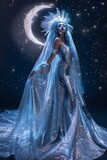 Fototapeta Konie - silver crescent moon and stars fashion model woman gown and crown 
