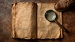 An opened old blank book, magnifying glass, detective hat, and shoes on a brown background evoke a retro, vintage English style, suggesting an evidence-searching concept with space for text