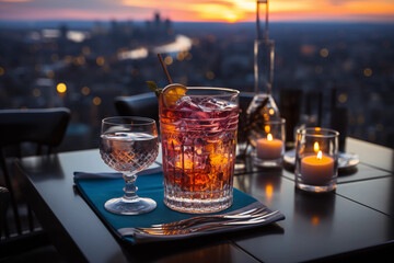 beautiful cocktail (s) at a rooftop bar overlooking a gorgeous city	