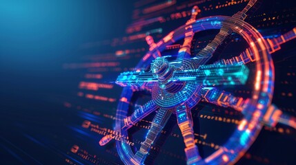 a 3d low polygonal vector illustration featuring a wheel helm symbolizing computer developer app con