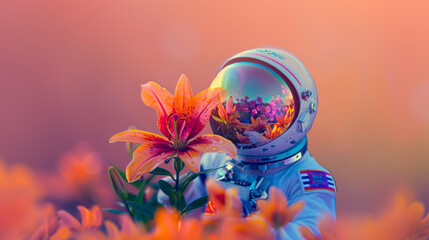 Astronaut with flowers, minimal concept