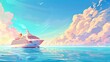 © Tida - Cruise ship sailing through pastel clouds - Illustration of a cruise ship on tranquil waters surrounded by whimsical pastel clouds at sunrise or sunset