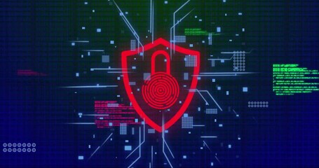 Animation of data processing with padlock icon and computer circuit board on black background