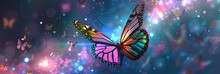 A Vibrant Purple Butterfly, A Vital Pollinator And Beautiful Arthropod, Gracefully Soars In The Sky Among Pink And Violet Petals