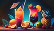 Beautiful illustration paper craft style of cocktail and mocktail with fresh fruit in neon