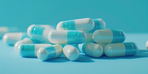 a bunch of blue and white pills laying on a blue background