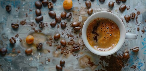 Canvas Print - a cup of coffee surrounded by beans