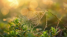 A Spider Web Covered In Dew Rests Delicately On A Leaf, Glistening In The Morning Light