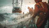 Fototapeta Paryż -  Fisherman in orange robe working at sea ship