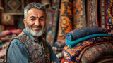 Fototapeta Uliczki - Iranian carpet shop owner portrait with lots of carpets in piles at the background, friendly smiling and inviting to come inside
