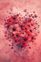 Canvas Print - a heart shape of flowers on a pink background