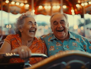 Poster - An older couple is laughing on a carousel. Generative AI.