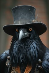 Sticker - A raven wearing a top hat and a black beard. Generative AI.