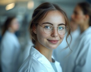 Wall Mural - A young woman in a lab coat and glasses. Generative AI.