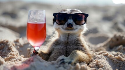 Wall Mural - A meerkat with sunglasses on the beach holding a glass of pink drink. Generative AI.