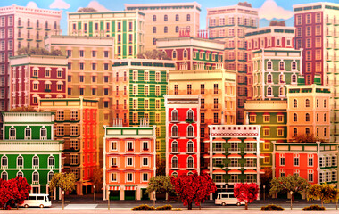 Poster - Background with beautiful city apartments buildings at sunset. 3D rendering illustration