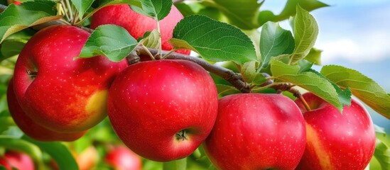 Poster - A cluster of ripe red apples is seen hanging from branches of an apple tree in an orchard. The apples are mature and ready for picking.