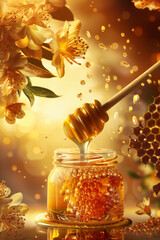 Fresh Honey in pot and ladle with honey dripping on flowers backgroud