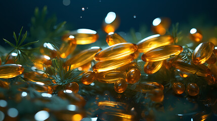 Close up of yellow fish oil or capsules, vitamin capsules and dietary supplements