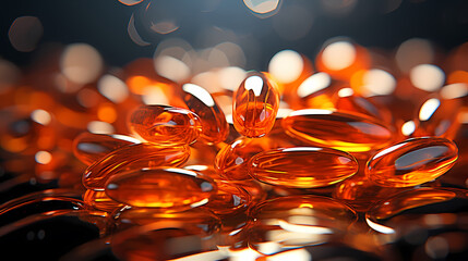 Close up of yellow fish oil or capsules, vitamin capsules and dietary supplements