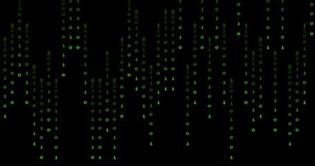 Animation of binary coding digital data processing over black background