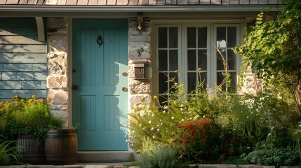 A detail of a front door on home with stone and white bricking siding, beautiful landscaping, and a colorful blue - green front door.
