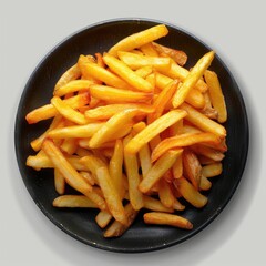 French fries on dark gray plate. Top view, Isolated white background, 16k resolution, super detailed, illuminated --ar 1:1 --stylize 250 --iw 2 