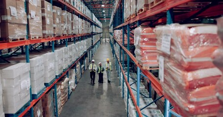 Poster - Shipping storage and delivery with warehouse people walking together for logistics, stock or inspection. Industry, supply chain and shelves with employee team working in plant for cargo distribution