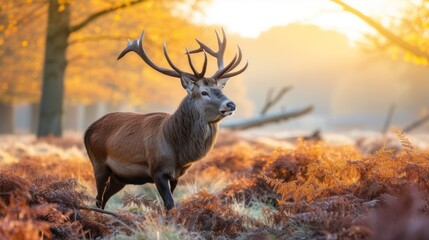 Wall Mural - a close up of a deer in a field of grass with trees in the background and fog in the air.