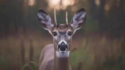 Wall Mural - a close up of a deer's face in a field of tall grass with trees in the back ground.